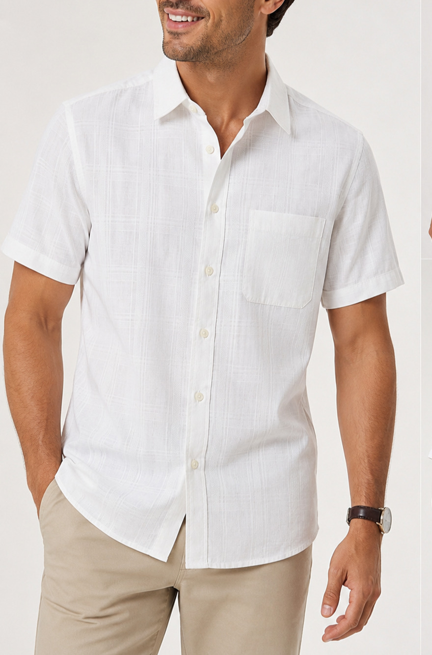 Club Room Mens Medium White Jacquard Plaid Short Sleeve Button Shirt NWT